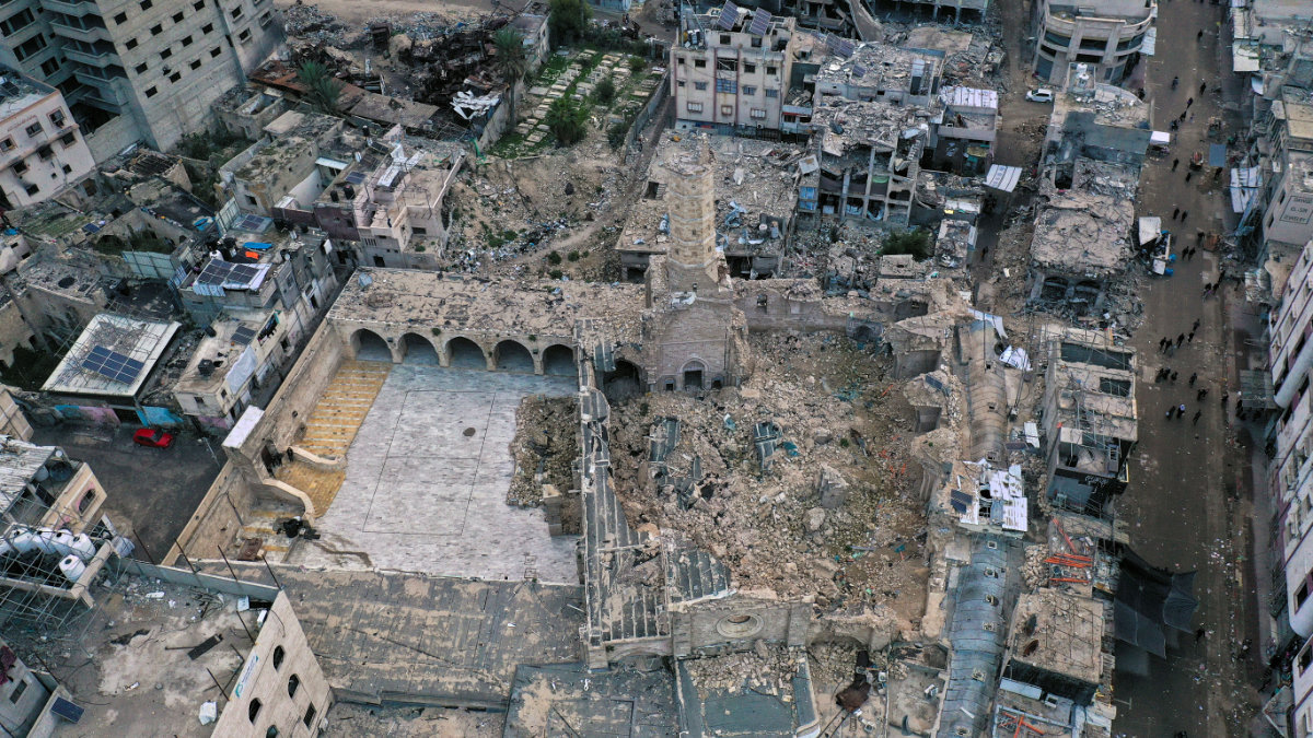 A drone image taken on January 22, 2025, shows the remains of the Great Omari Mosque in Gaza City, which was destroyed in an Israeli strike during the war between Israel and Hamas. (REUTERS)