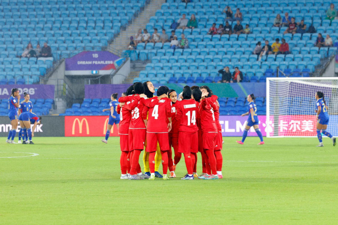 Iranian players huddle before the AFC Women’s Asian Cup Australia 2026 football match between Iran and the Philippines on the Gold Coast on March 8, 2026. (AFP)