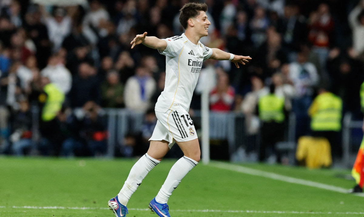 Real Madrid's Turkish midfielder #15 Arda Guler celebrates scoring his team's fourth goal during the Spanish league football match between Real Madrid CF and Elche CF at the Santiago Bernabeu Stadium in Madrid on March 14, 2026. (AFP)