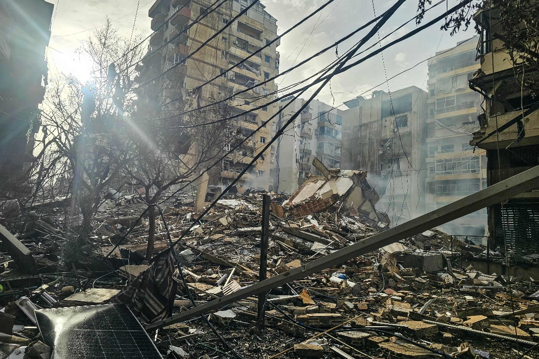 A photograph shows the site of an overnight Israeli airstrike that targeted the Haret Hreik neighbourhood in Beirut’s southern suburbs. (AFP)