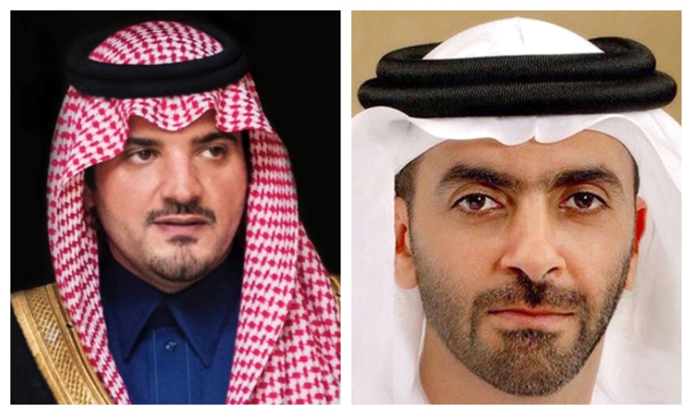 Saudi Interior Minister Prince Abdulaziz bin Saud bin Naif bin Abdulaziz and the UAE’s Deputy Prime Minister and Minister of Interior Sheikh Saif bin Zayed Al-Nahyan. (File/SPA/WAM)