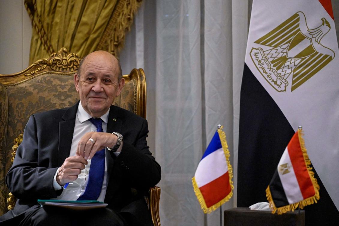 French envoy Jean-Yves Le Drian looks on as he meets with the Egyptian foreign minister on the sidelines of the preparatory meeting for an international conference in support of the Lebanese Armed Forces (LAF) and the Internal Security Forces (ISF) in Cairo on February 24, 2026. (FILE/AFP)
