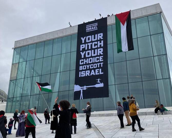 A banner by the campaign Game Over Israel in Oslo last year. (Supplied)