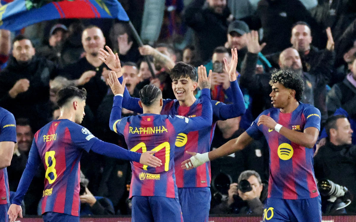 FC Barcelona’s Marc Bernal celebrates scoring their second goal with Raphinha, Lamine Yamal and Pedri during their UEFA Champions League — Round of 16 — Second Leg — match against Newcastle United — Spotify Camp Nou, Barcelona, Mar. 18, 2026. (Reuters)