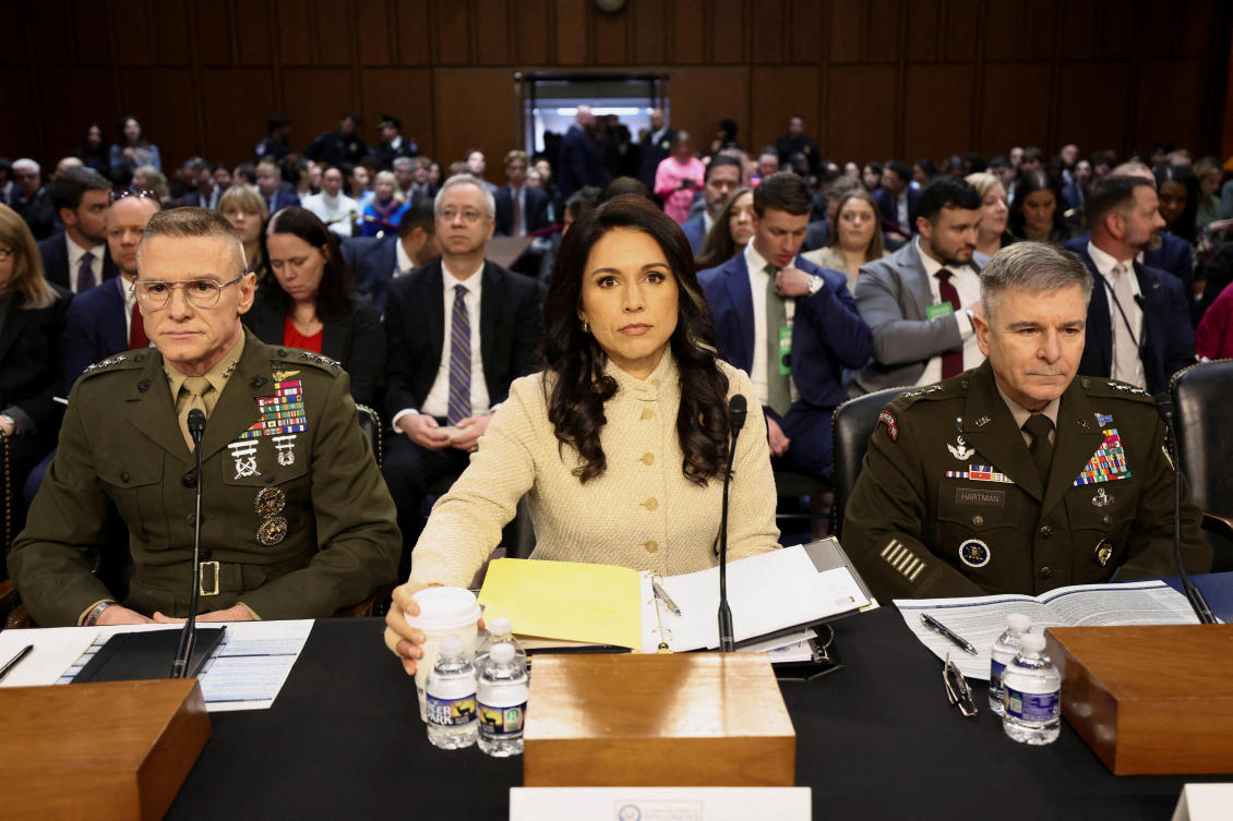 Lt. Gen. James Adams, Tulsi Gabbard and Lt. Gen. William Hartman testify before a Senate Intelligence Committee hearing on Capitol Hill in Washington, D.C., US, Mar. 18, 2026. (Reuters)