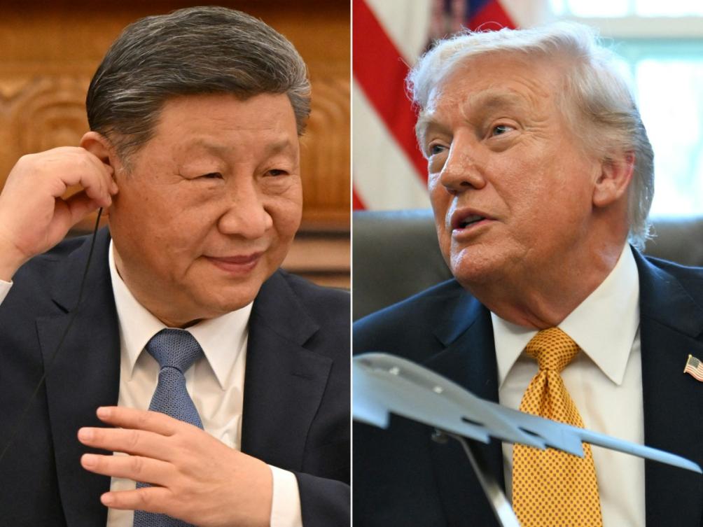 This combination of pictures created on March 16, 2026 shows China's President Xi Jinping attening a meeting with a group of foreign executives at the Great Hall of the People in Beijing on March 28, 2025 and US President Donald Trump speaking after signing an executive order on fraud in the Oval Office at the White House in Washington, DC, on March 16, 2026. (File/AFP)