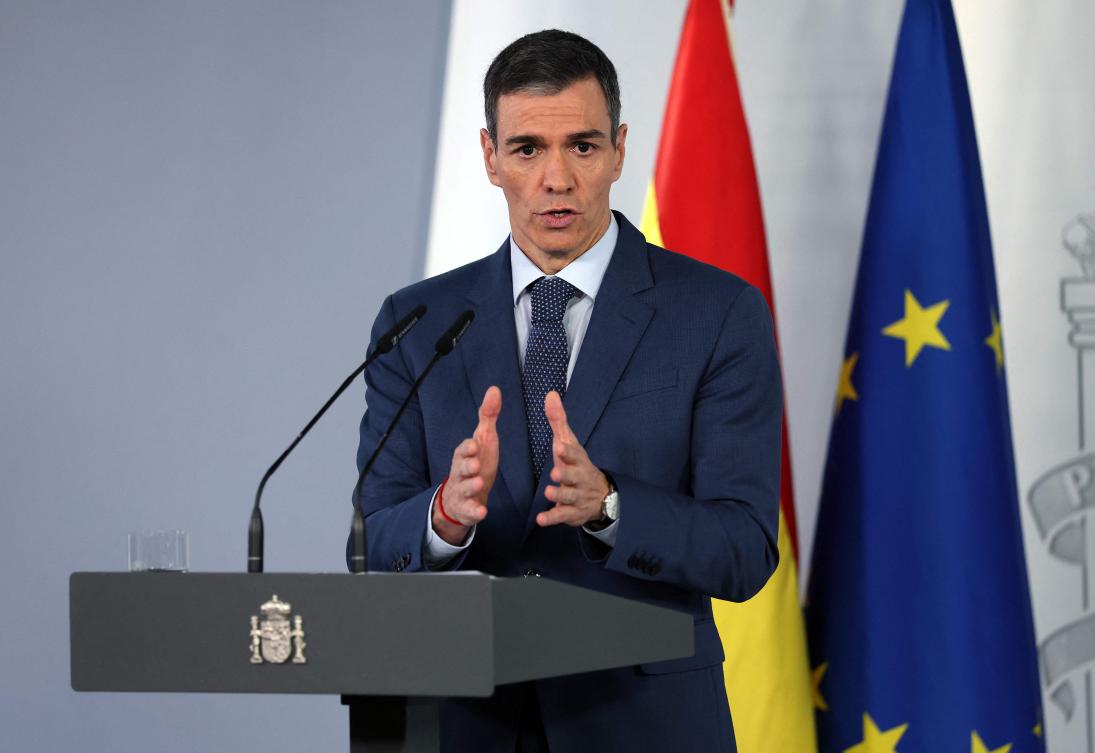 Spain’s Prime Minister Pedro Sanchez gives a press conference following an extraordinary cabinet meeting about the energy crisis, at the Moncloa Palace in Madrid on Mar. 20, 2026. (AFP)