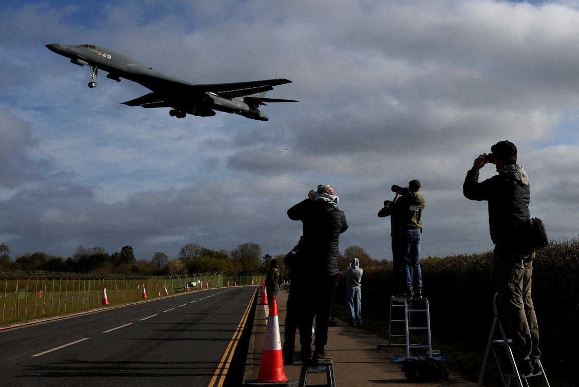 A US Air Force B-1 bomber approaches to land at RAF Fairford airbase in the UK this week. (Reuters)