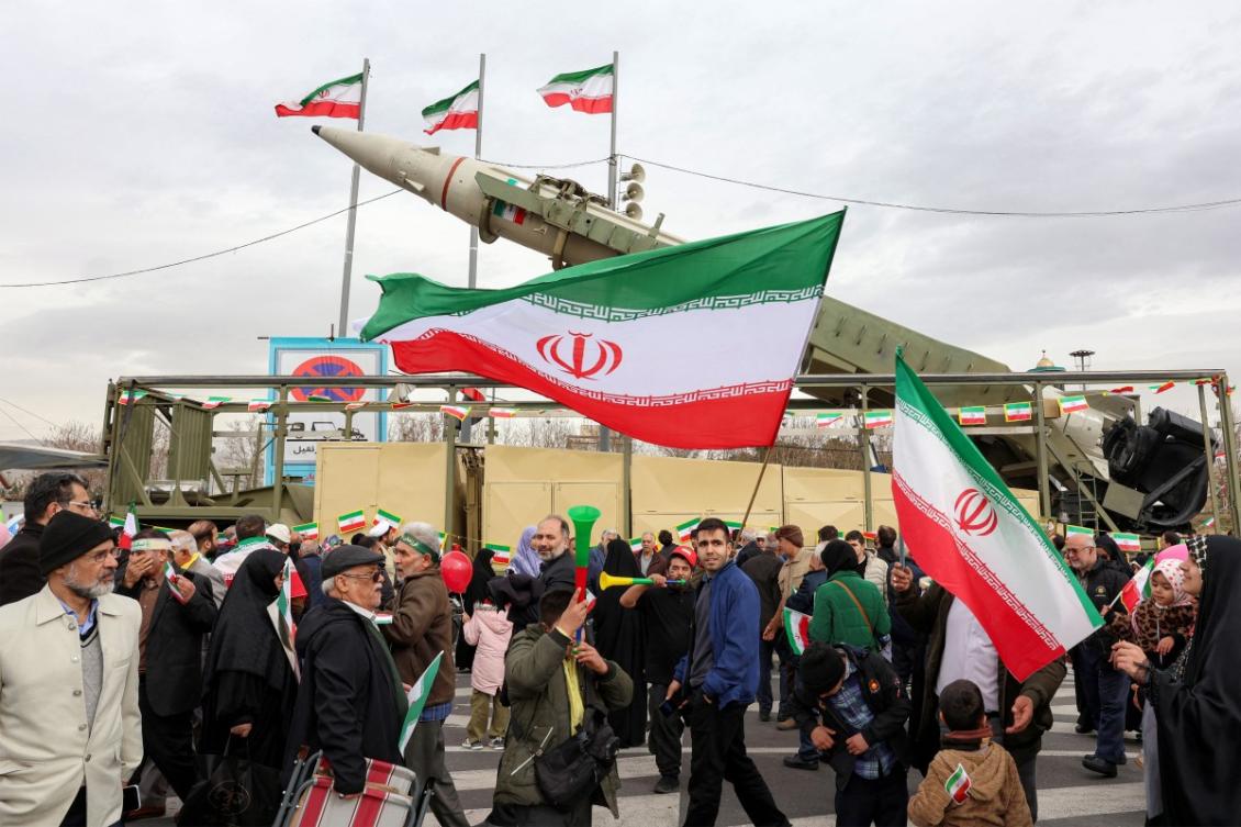 Above, a ballistic missile launch vehicle in Tehran on Feb1 11, 2026, during a rally marking the 47th anniversary of the 1979 Islamic revolution. (AFP)