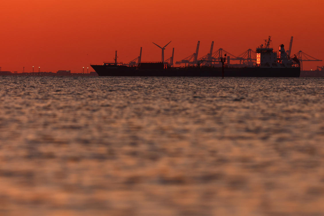 The silhouette of an oil and chemical tanker off the Gulf of Fos-sur-Mer at sunset, in Martigues, France, March 20, 2026.(REUTERS)