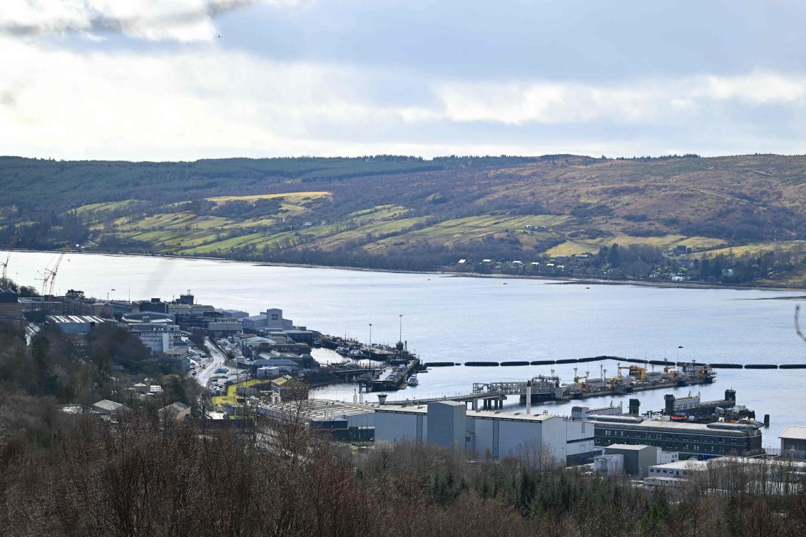 Above, a a general view of HM Naval Base Clyde at Faslane, northwest of Glasgow, Scotland on March 14, 2026. (AFP)