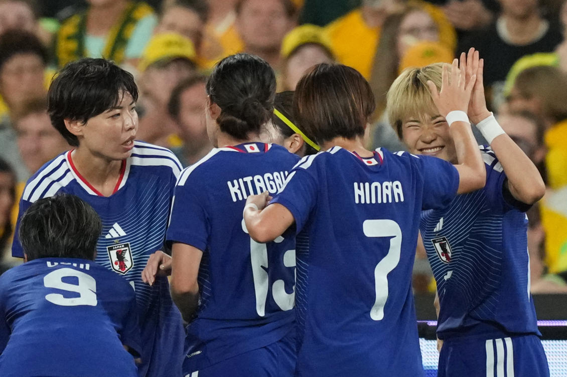Japan’s Maika Hamano, right, celebrates after scoring a goal during their Women’s Asian Cup final against Australia in Sydney, Mar. 21, 2026. (AP)
