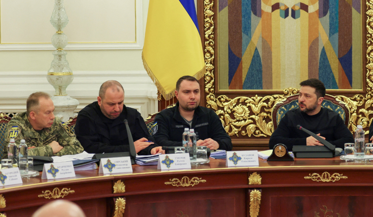 Ukrainian President Volodymyr Zelenskiy, Head of the Office of the President of Ukraine Kyrylo Budanov, Secretary of National Security and Defence Council Rustem Umerov and Commander in Chief of the Ukrainian Armed Forces Colonel General Oleksandr Syrskyi attend a National Security and Defence Council meeting in Kyiv, Ukraine March 3, 2026. (REUTERS)