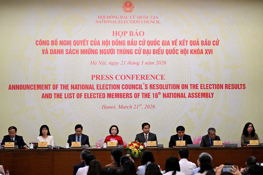 Nguyen Thi Thanh, Permanent Vice Chairwoman of the National Election Council, attends a press conference announcing the results of the National Assembly and People's Council elections, at the National Assembly Building in Hanoi. (AFP)