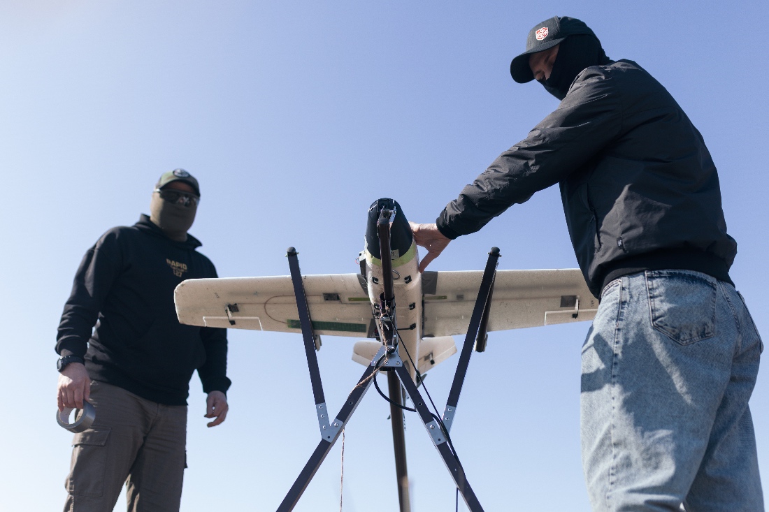 Soldiers of the 127th Separate Territorial Brigade launch a drone to search for Russian attack drones at the front line in the Kharkiv region. (AP)