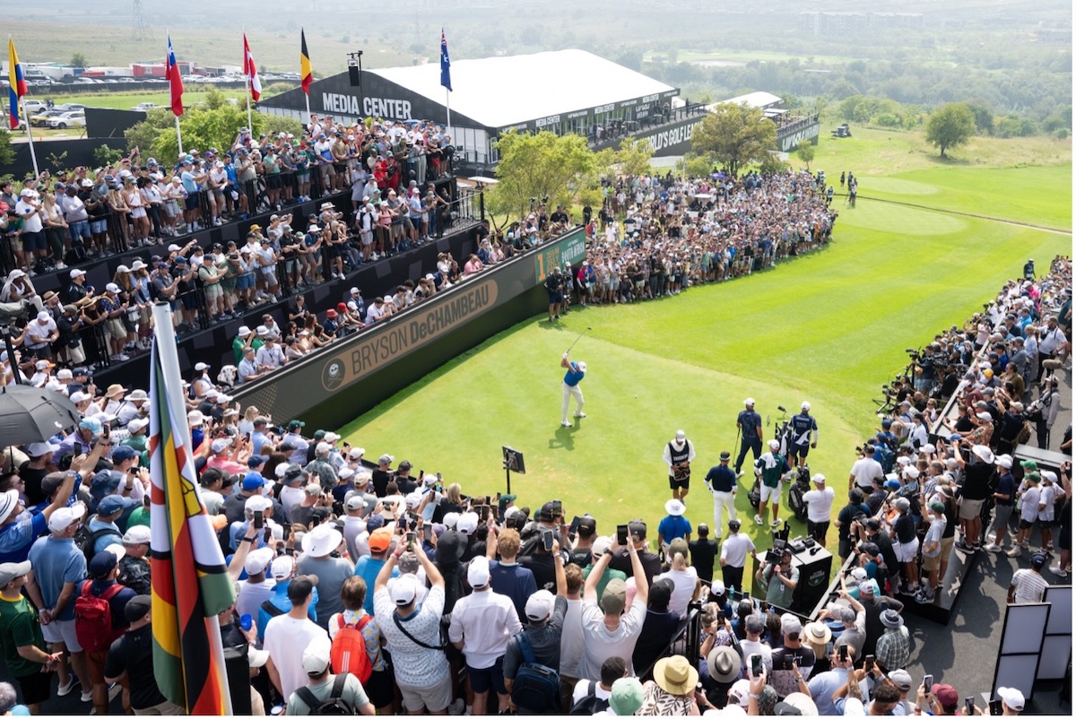 Captain Bryson DeChambeau of Crushers GC hits his shot from the first tee during the first round of LIV Golf South Africa at The Club at Steyn City on March 19, 2026. (LIV Golf)