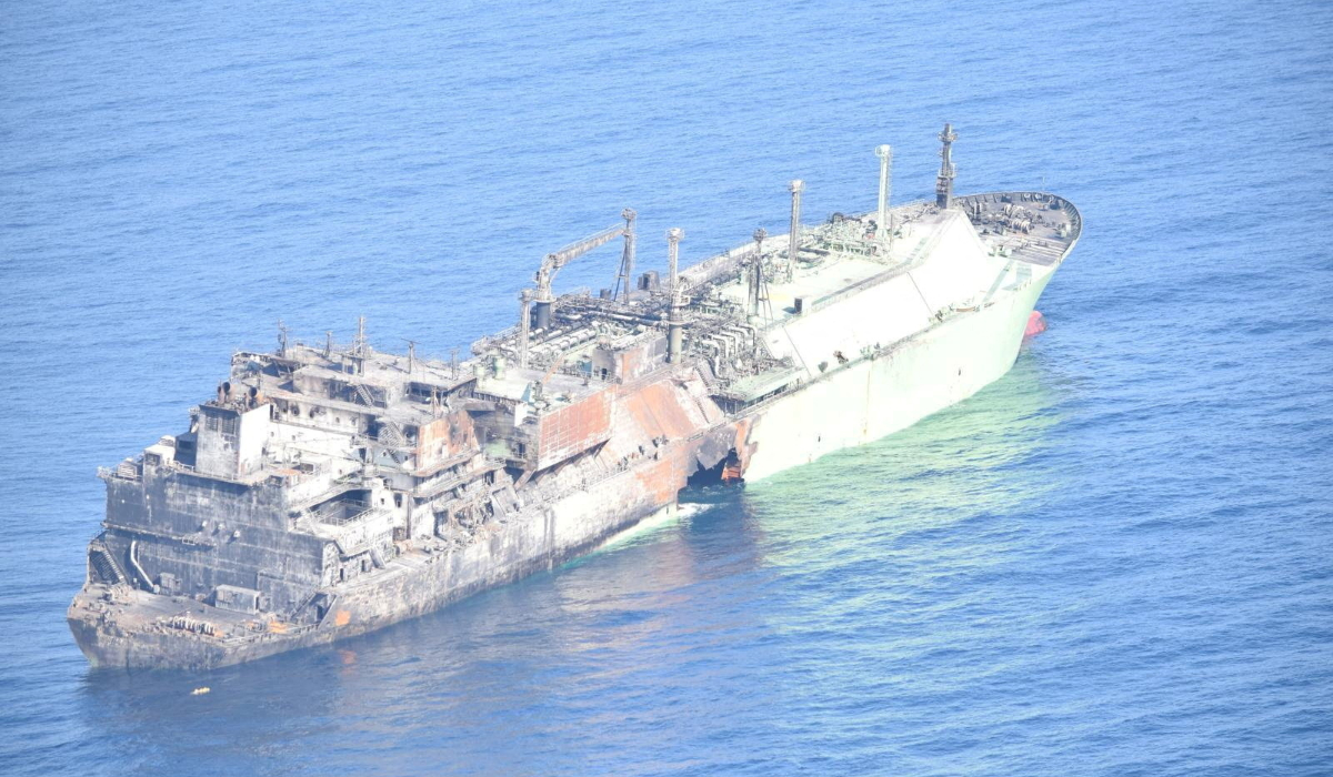 A Russian LNG tanker, Arctic Metagaz, damaged earlier this month and currently adrift without crew, floats in international waters in the Mediterranean Sea between Malta and the Italian islands of Lampedusa and Linosa, in this handout picture released on March 13, 2026. (REUTERS)