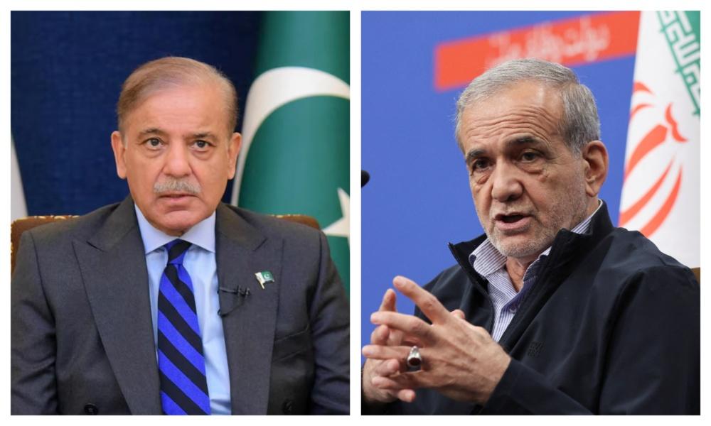 Pakistan’s Prime Minister Shehbaz Sharif and Iran’s President Masoud Pezeshkian. (File/Reuters)