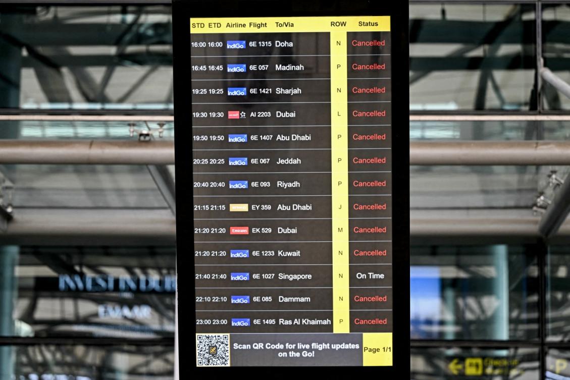 Above, a flight information board reflects cancellations at the Rajiv Gandhi International Airport in Hyderabad on March 1, 2026. (AFP file photo)