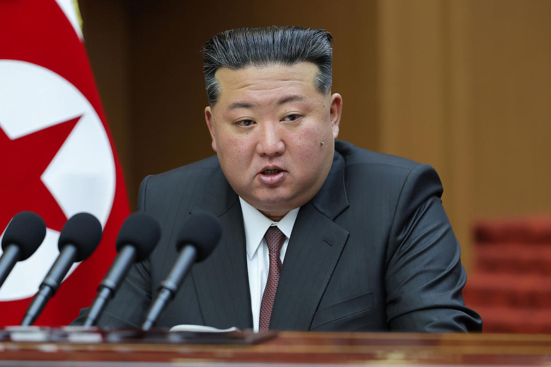 In this photo provided by the North Korean government, its leader Kim Jong Un delivers a speech at parliament in Pyongyang, North Korea Monday, March 23, 2026. (AP)