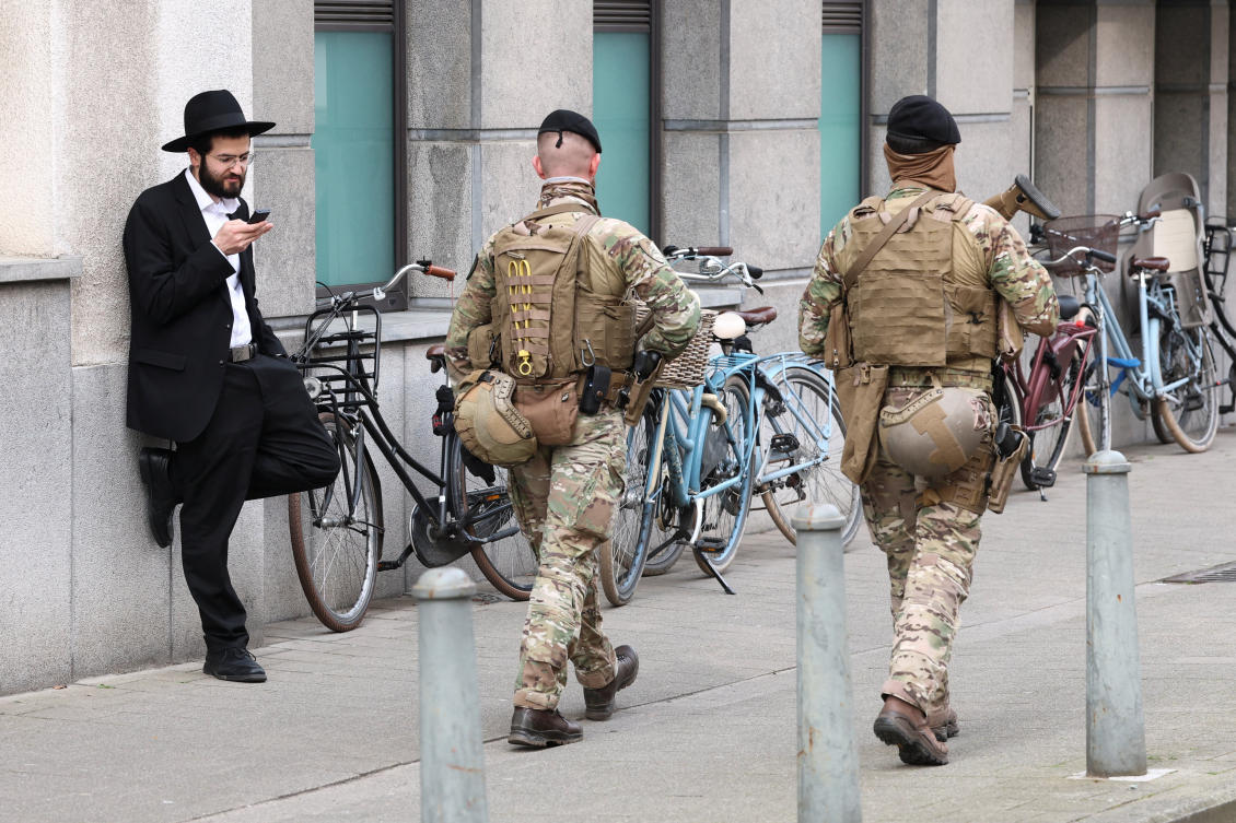 Belgian army personnel patrol a street as part of a deployment of soldiers outside Jewish institutions in Antwerp and Brussels following attacks at Jewish sites in Belgium and other European countries, in Antwerp, Mar. 23, 2026. (Reuters)