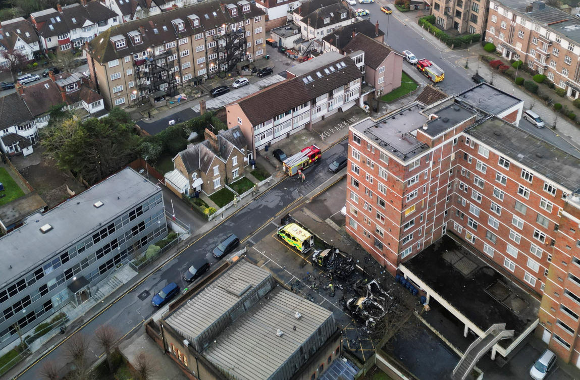 A drone view of four ambulances belonging to Hatzola, a Jewish community organization, that were set on fire in an incident that the police say is being treated as an antisemitic hate crime, in northwest London, Mar. 23, 2026. (Reuters)