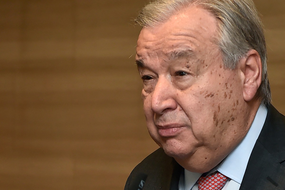 United Nations Secretary General Antonio Guterres speaking to the press after his meeting with Lebanese parliament speaker in Beirut earlier this month. (AFP/File Photo)