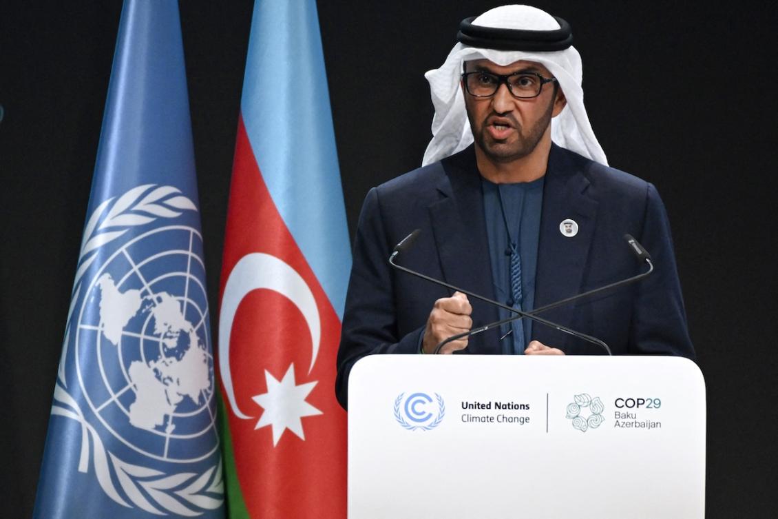 UAE Minister of Industry and Advanced Technology and COP28 President Sultan Ahmed Al Jaber delivers a speech during the opening of the 2024 United Nations Climate Change Conference (COP29) in Baku on November 11, 2024. (FILE/AFP)