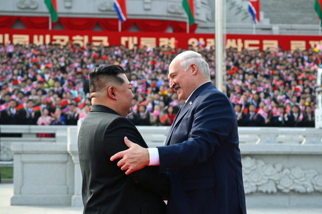 Belarusian President Alexander Lukashenko and North Korean leader Kim Jong Un attend a welcome ceremony at Kim Il Sung Square in Pyongyang, North Korea March 25, 2026. (REUTERS)