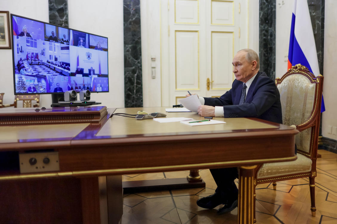 Russian President Vladimir Putin chairs a meeting of the Presidential Council for Culture and Art via videoconference at the Kremlin in Moscow, Wednesday, March 25, 2026. (Gavriil Grigorov/Sputnik, Kremlin Pool Photo via AP)