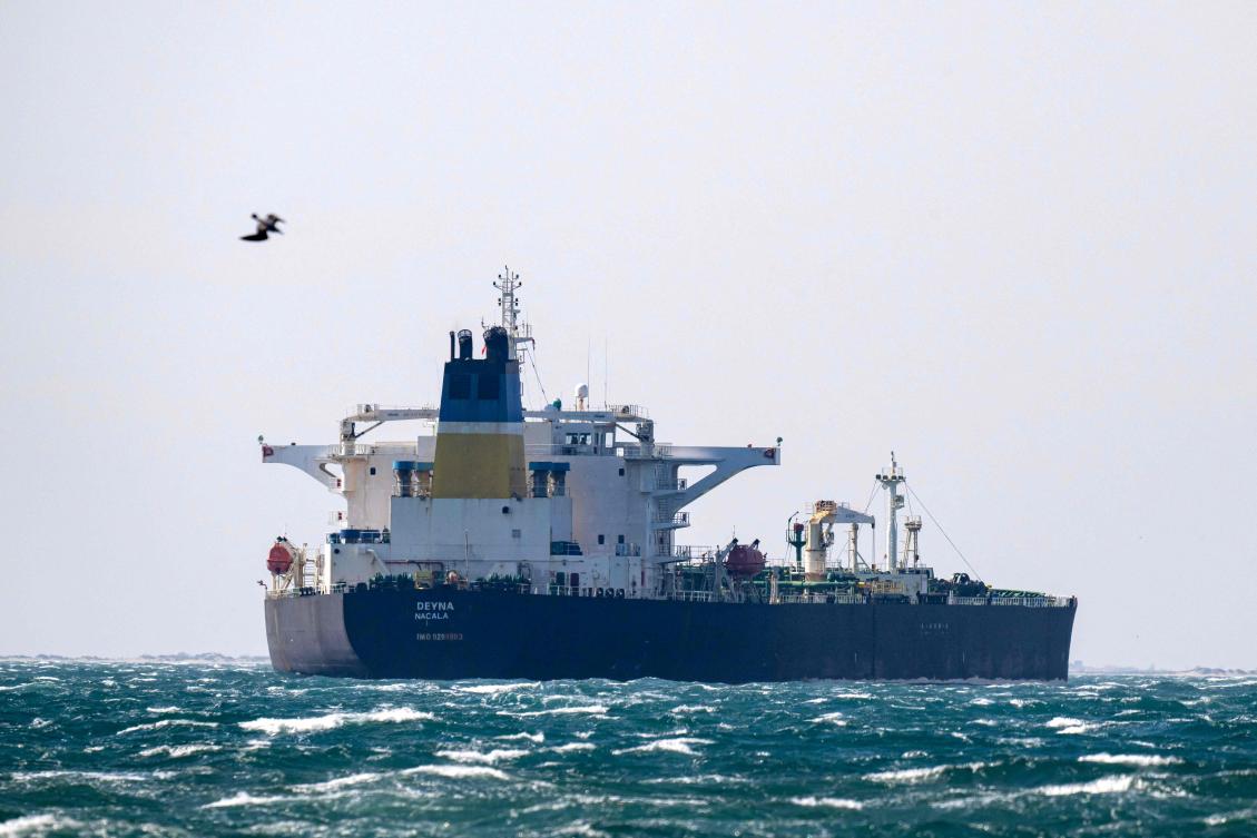 The Mozambican-flagged oil tanker “Deyna,” suspected of belonging to the Russian’s shadow fleet, is seen off the coast near the Rainaires beach, close to Port-de-Bouc, in Martigues on Mar. 25, 2026, as it’s surveilled by the French Navy. (AFP)