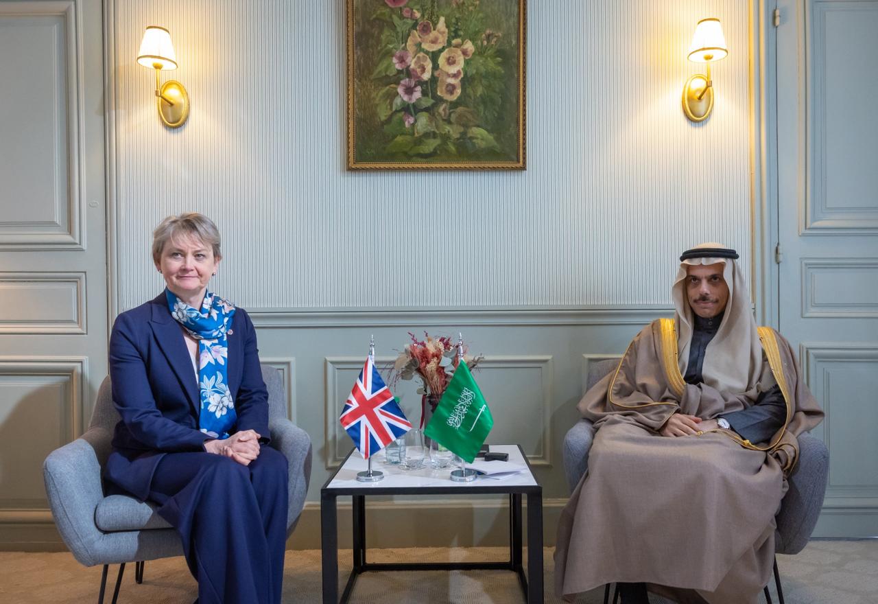 Saudi Foreign Minister Prince Faisal bin Farhan met with British Foreign Secretary Yvette Cooper. (SPA)