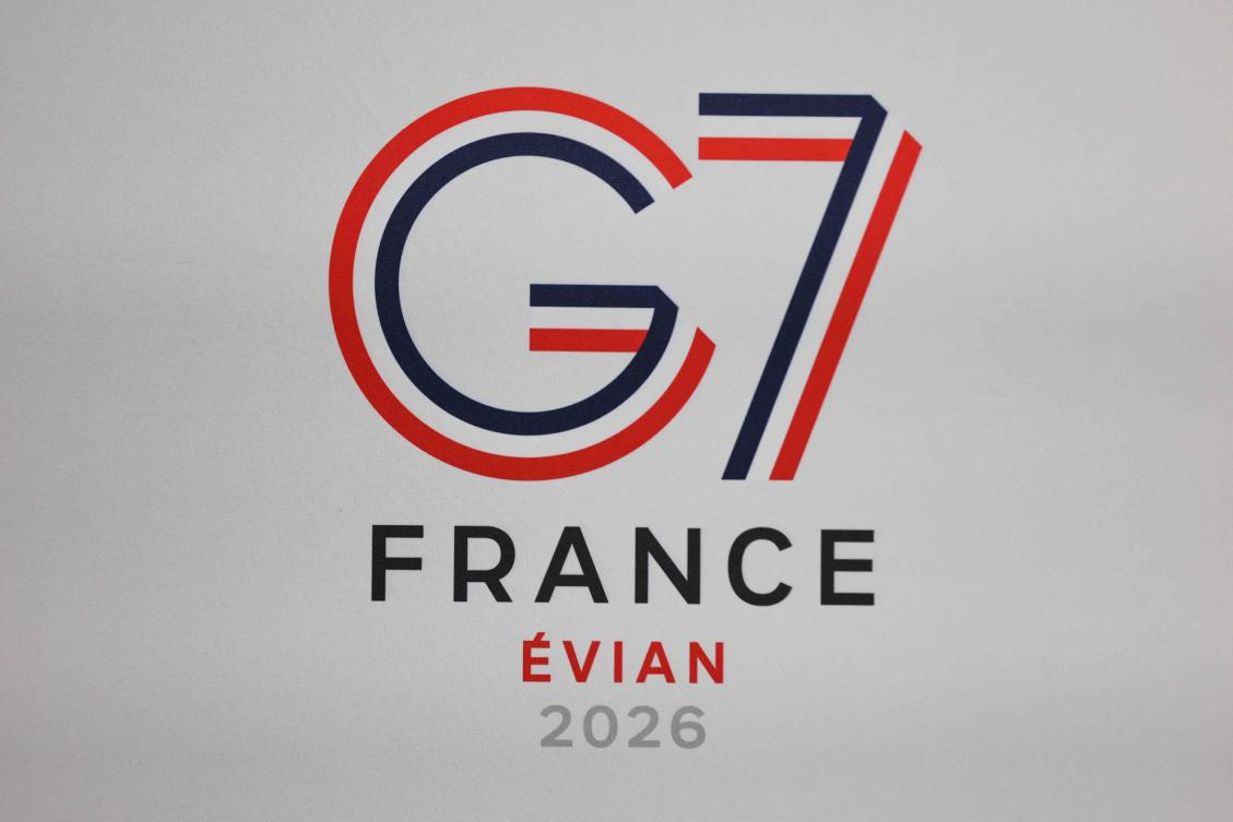 The logo of the France-hosted G7 summit during the opening press conference at the French Economy Ministry in Paris, Feb. 3, 2026. (AFP)