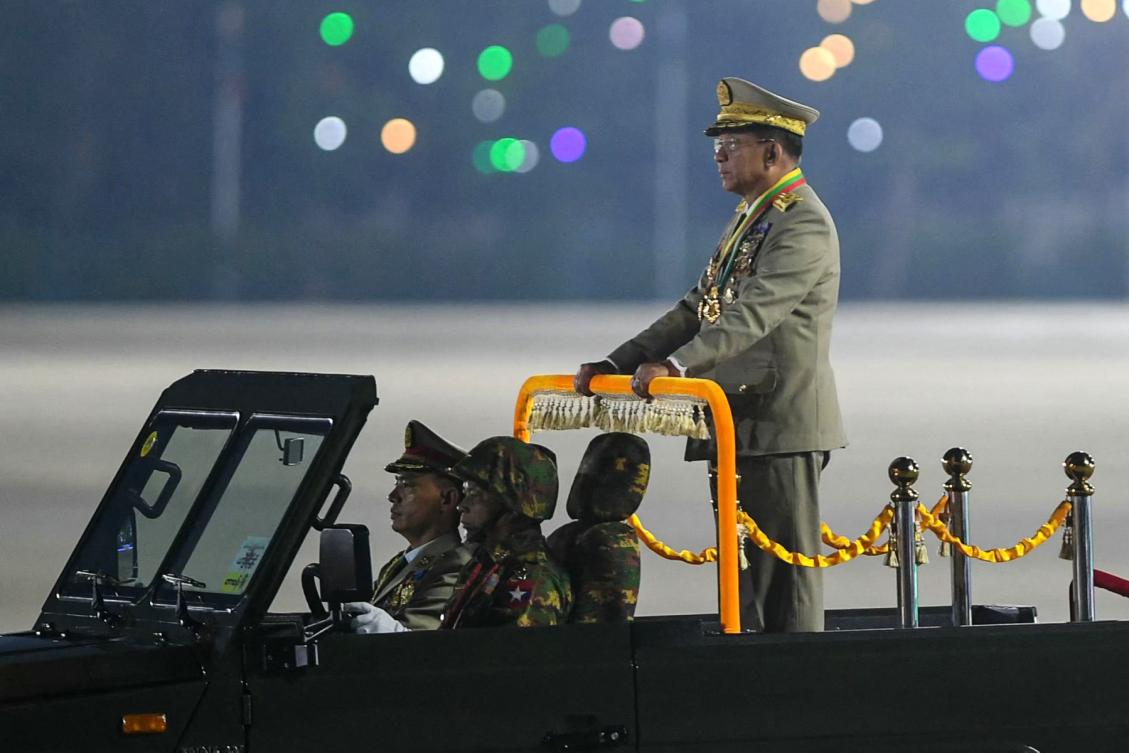 Above, Myanmar’s military chief Min Aung Hlaing during the country’s Armed Forces Day in Naypyidaw on March 27, 2025. ‘Leadership changes’ in the armed forces potentially clears the way for Hlaing to become president. (AFP)