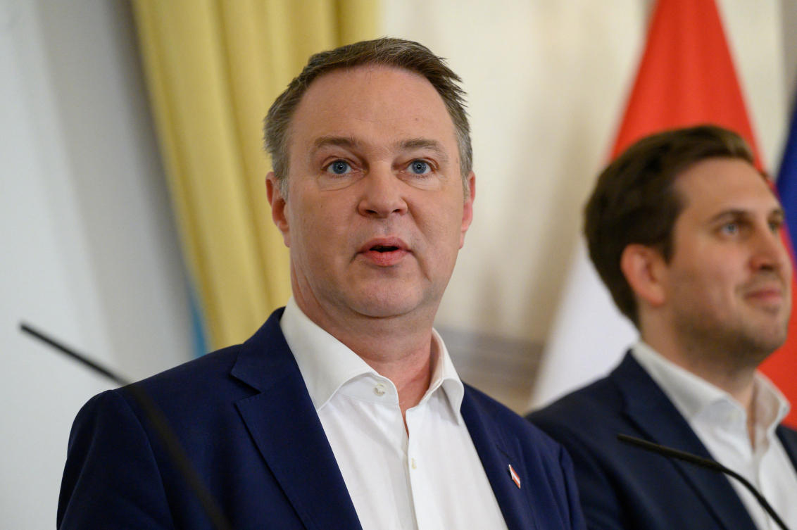 Austria’s Vice Chancellor Andreas Babler of the Social Democrats speaks during a press conference on plans to ban social media for children under 14 years of age in Vienna on March 27, 2026. (Reuters)