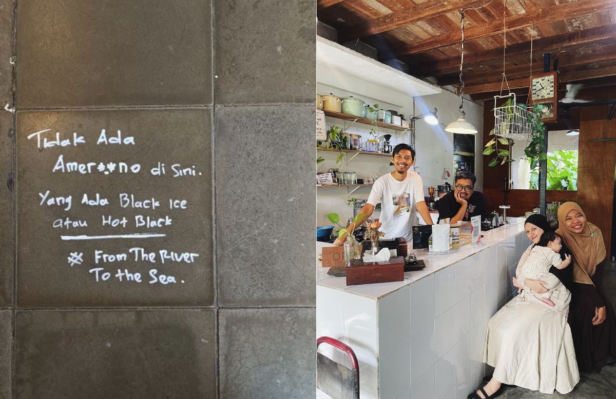 This collage shows a screenshot from Titilaras’ impromptu online campaign to drop Americano from the menu on the left, and a group photo taken in ODS Coffee Shop in Pontianak, West Java on the right. (Photos courtesy of Titilaras and ODS)
