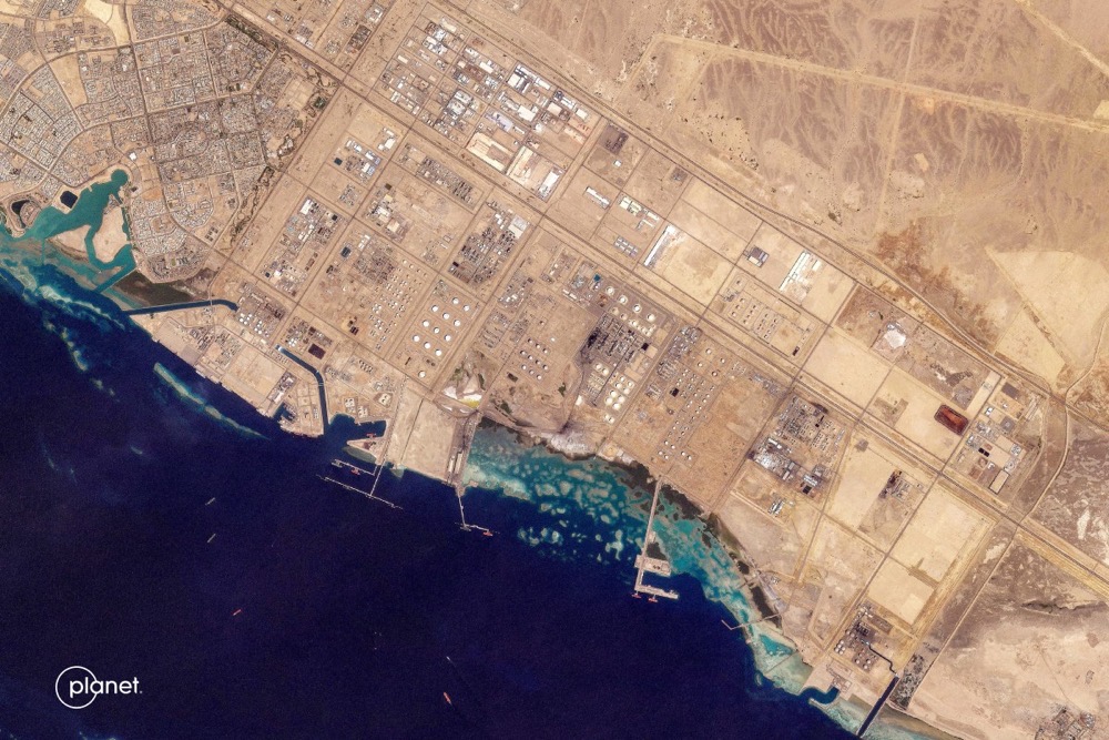 This handout satellite image taken by 2026 Planet Labs PBC shows the oil infrastructure at Saudi Arabia's western Red Sea port of Yanbu on March 4, 2026. (AFP/(C) 2026 PLANET LABS PBC)