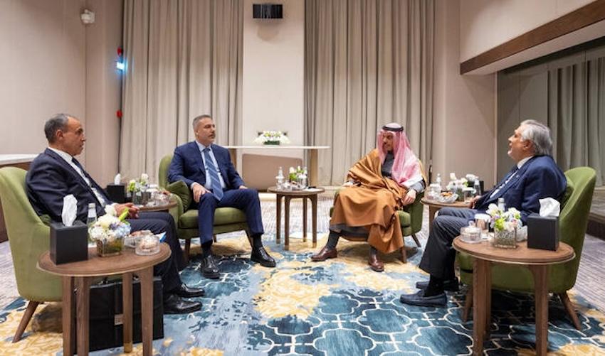 From left: Foreign Ministers Badr Abdelatty of Egypt, Hakan Fidan of Turkiye, Faisal bin Farhan Al-Saud of Saudi Arabia and Ishaq Dar of Pakistan during an earlier meeting in Riyadh, Saudi Arabia on March 19, 2026. (Handout file photo)