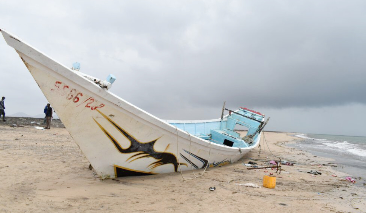A shipwrecked boat on the shore of Djibouti, Republic of Djibouti, after it was used by migrants trying to cross the Bab el-Mandeb Strait from Djibouti to Yemen on March 24, 2026. (AP)