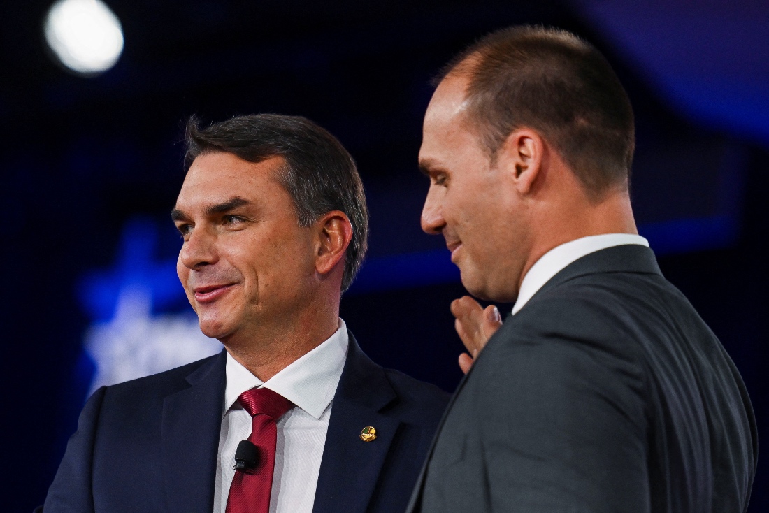 Brazilian senator Flavio Bolsonaro and Eduardo Bolsonaro, Brazil's former President Jair Bolsonaro's sons, attend the Conservative Political Action Conference USA 2026 at the Gaylord Texan Resort, in Grapevine, Texas, U.S. (Reuters)