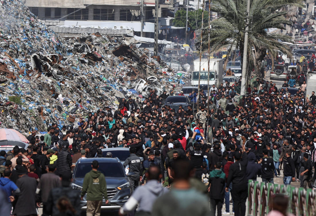 The Israeli military has killed over 680 Palestinians in Gaza since a ceasefire with Hamas came into effect in November. Above, mourners attend the funeral of Palestinians killed in an Israeli strike in Gaza City on March 28, 2026. (Reuters)
