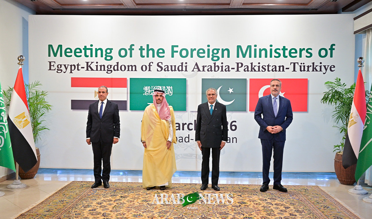 (L to R) Egypt's FM Badr Abdelatty, Saudi FM Prince Faisal bin Farhan, Pakistan's FM Ishaq Dar, and Turkiye’s FM Hakan Fidan Dar urged dialogue to contain the conflict and enhance regional security. (AFP)