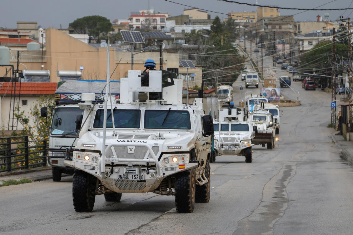 UNIFIL vehicles drive on a main road in Qlayaa, southern Lebanon, on March 27, 2026,amid escalating hostilities between Israel and Hezbollah. (REUTERS)