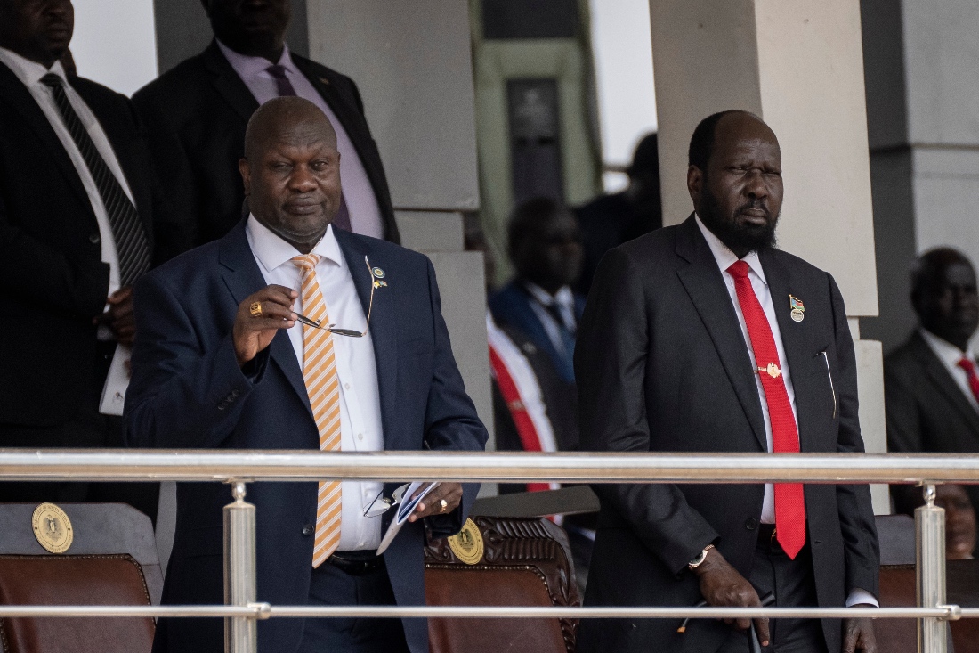 South Sudan's President Salva Kiir and Vice President Riek Machar attend a Holy Mass led by Pope Francis at the John Garang Mausoleum in Juba, South Sudan. (AP)