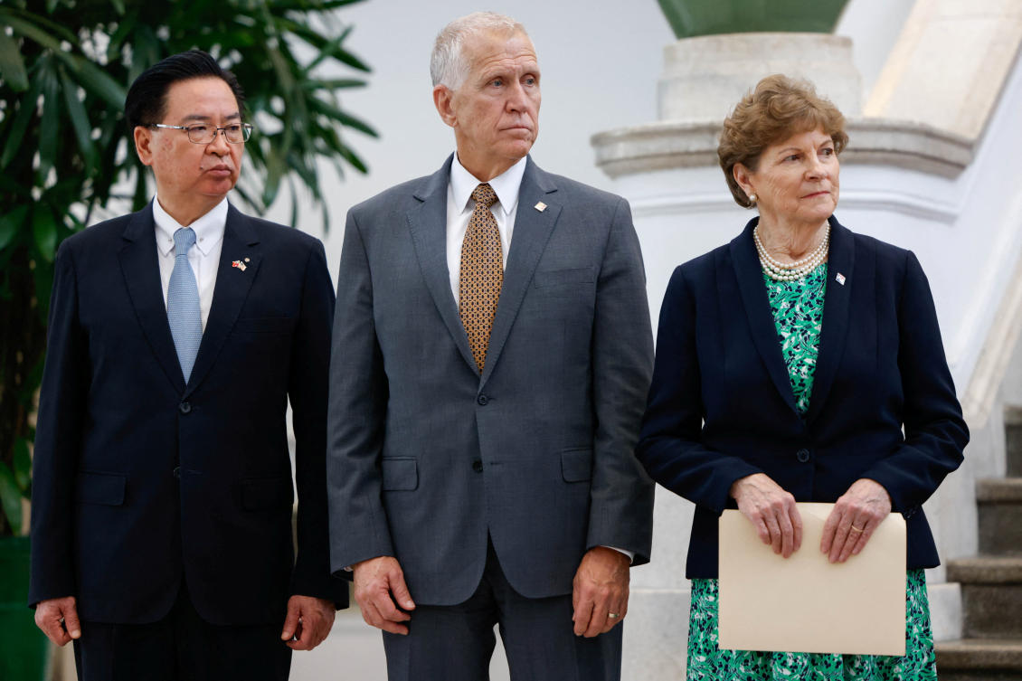Taiwan's National Security Council Secretary-General, U.S. Senators Thom Tillis (R-NC) and Jeanne Shaheen (D-NH) attend a press conference at the Presidential Office Building in Taipei, Taiwan, March 30, 2026. (REUTERS)