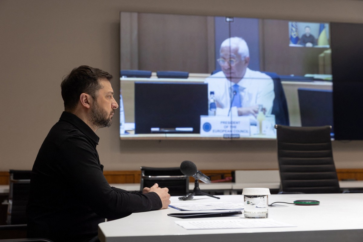 Ukraine’s President Volodymyr Zelensky speaking from Kyiv, Ukraine to EU leaders via video. (Ukrainian Presidential Press Service)
