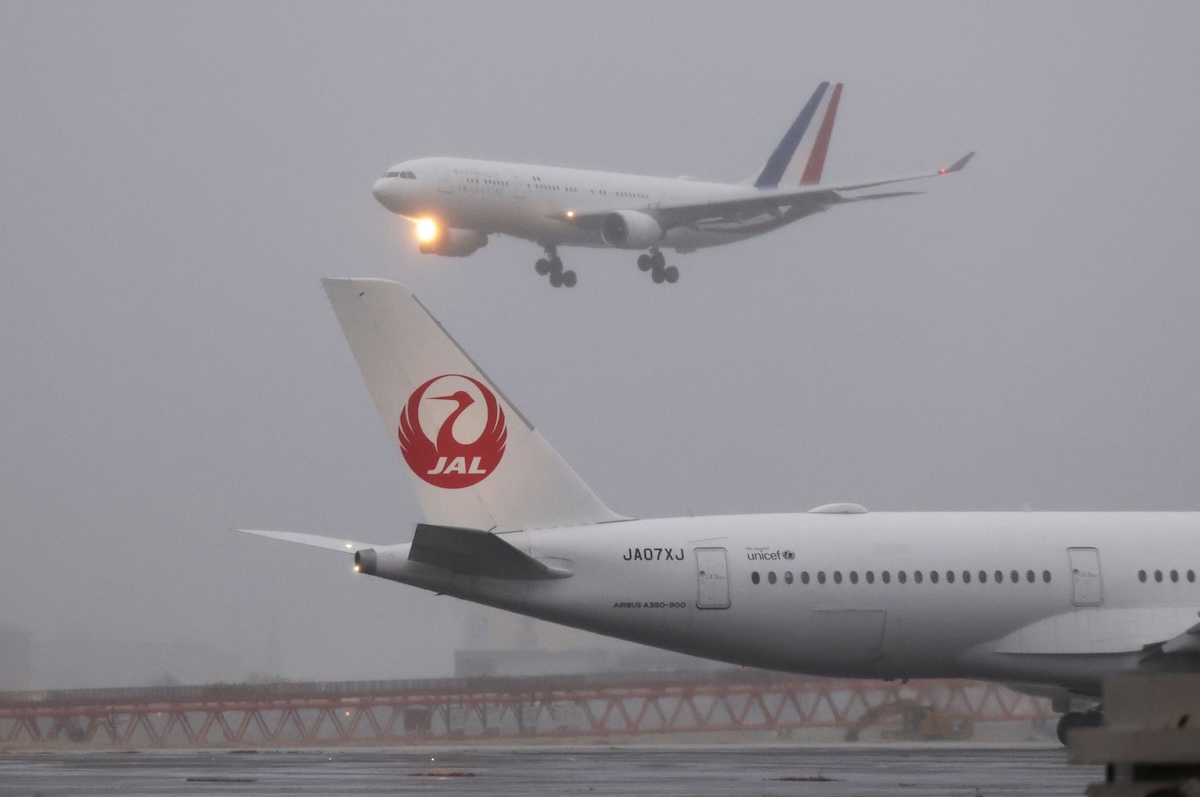 French President Emmanuel Macron’s presidential plane lands at Tokyo Haneda International Airport in Tokyo on March 31, 2026. (AFP)