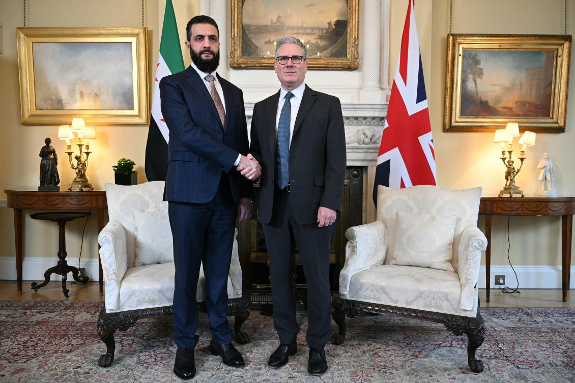 Britain’s Prime Minister Keir Starmer, right, meets with the President of Syria Ahmed Al-Sharaa in Downing Street, London, Tuesday, March 31, 2026. (AP)
