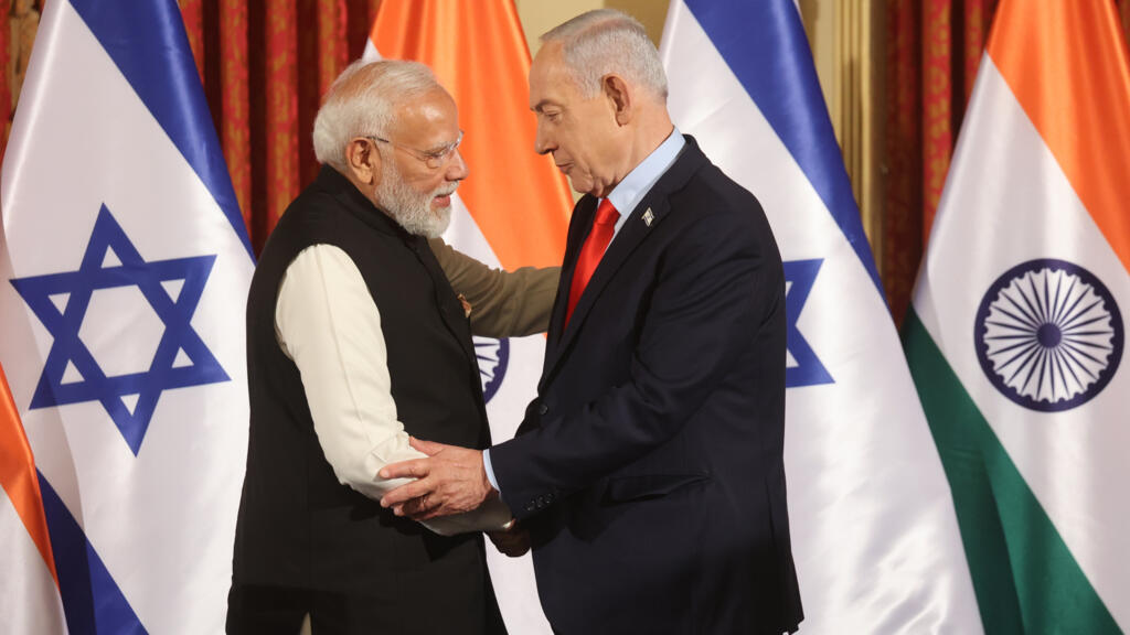 Israel's Prime Minister Benjamin Netanyahu, right, greets his Indian counterpart Narendra Modi in Jerusalem. (AP)