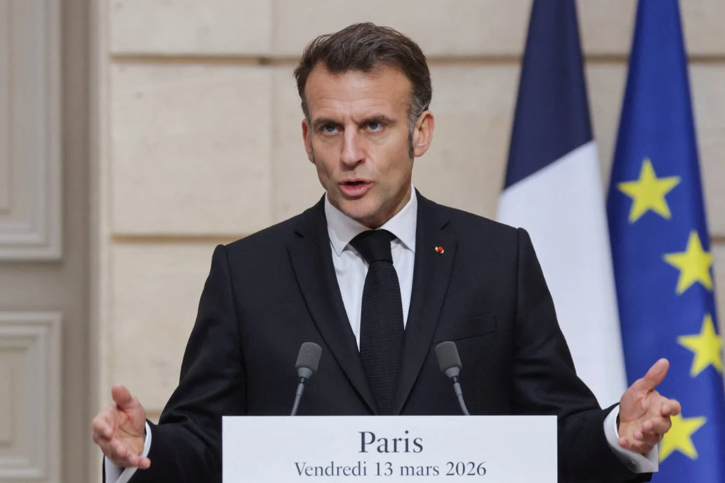 France's President Emmanuel Macron delivers a speech during a press conference in Paris, March 13, 2026. (Reuters)